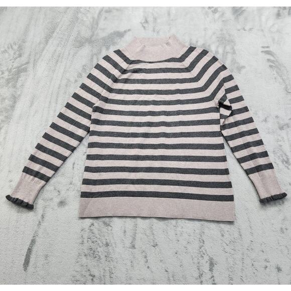 Loft Petites Sweater Womens Size SP Black Gray Striped Mock Neck Ruffle Sleeve - Picture 1 of 7